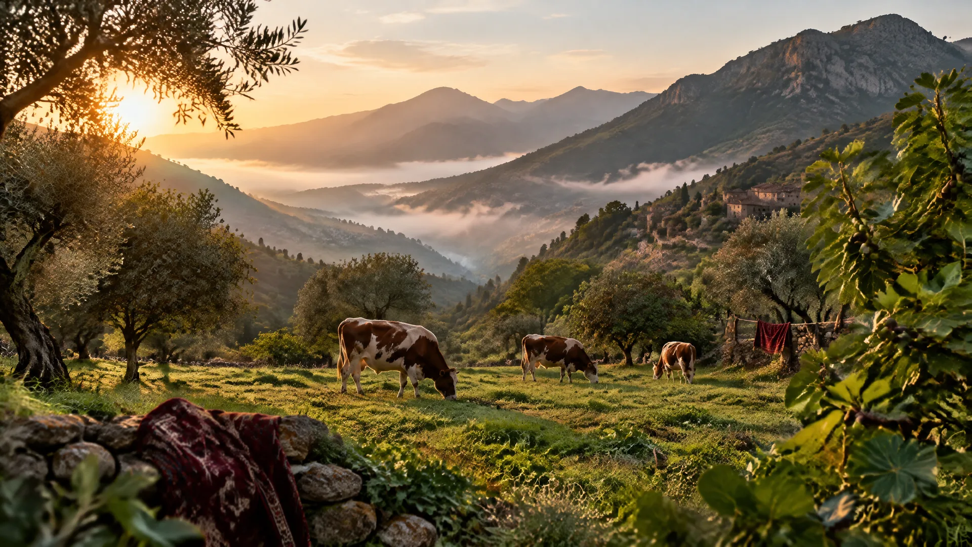 Illustration de vaches au pâturage dans un paysage de montagne